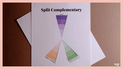 split complementary color scheme on color wheel: violet, yellow-green, yellow-orange