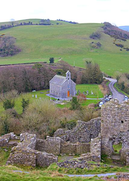View from the Rock of Dunamase in County Laois looking down on Trinity Church. The ruins of an old castle stand atop this rocky outcrop 150 feet high.