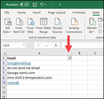 Filtered list of bad emails and filter icon.