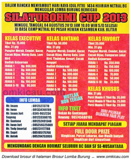 Brosur Lomba Burung Silaturohmi Cup Blitar 4 Agustus 2013