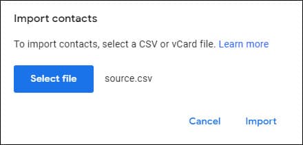 Import dialog with file name showing.