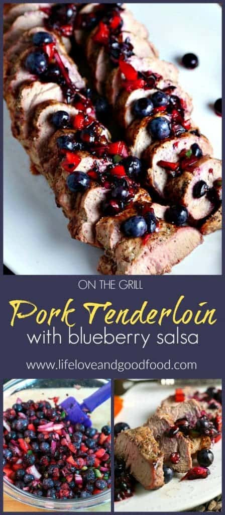 A piece of Grilled Pork Tenderloin with Blueberry Salsa
