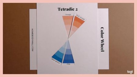 tetrad color scheme on color wheel: orange, red-orange, blue, blue-green