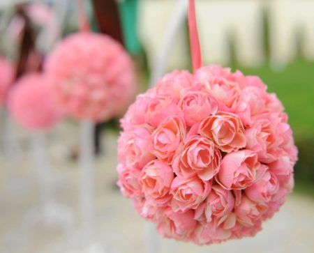 Ball of peach roses hanging from tree