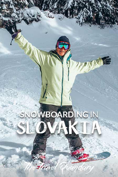 Shredding Slopes Snowboarding In Slovakia2 Bevan of the Travel Quandary stands on his snowboard with a victory pose, Jasna Resorts, Slovakia