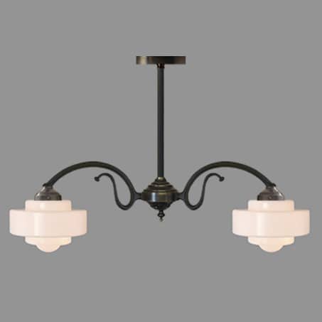 Art Deco two arm pendant with opal stepped glass shades