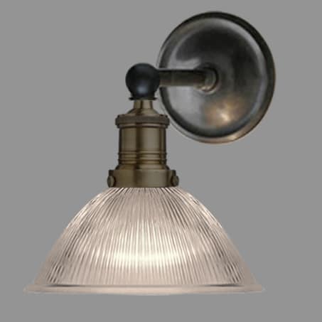 Antique straight arm antique wall light with small dome holophane glass