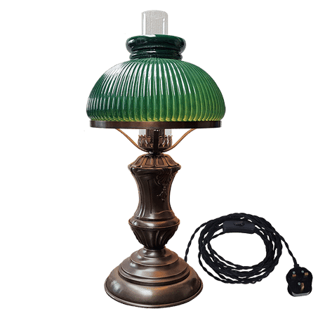 Victorian oil style table lamp with Green ribbed Glass Cowl