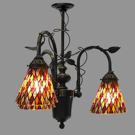 Beautiful 3 arm pendant with leaded type shades leaf pattern design