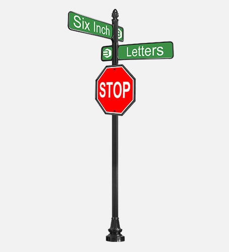 Decorative stop sign pole with two street signs. Brandon Industries model SPF4-1A is a fluted round pole with acorn finial.