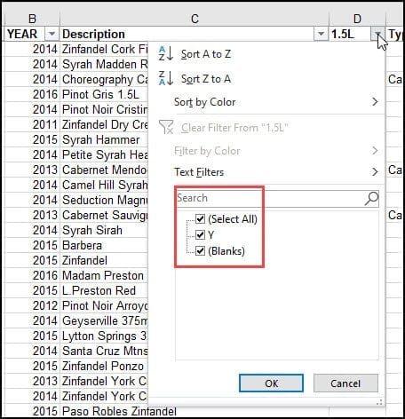 Autofilter list adjusted for new column entries.