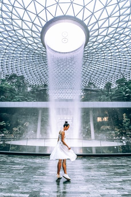 3 Day Itinerary in Singapore Things To Do Tips 3 P Twirling in front of the waterfall at Jewel Changi Airport
