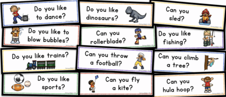 Image shows 12 question of the day cards, related to hobbies and activities.