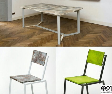 Tavolo luce ombra con struttura in ferro e piano in legno di recupero e sedie con struttura in ferro e piani in mdf e resina in due versioni, una in grigio e una in verde acido