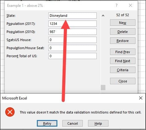 validation error message shows for Disneyland.