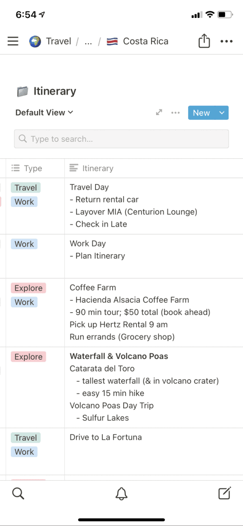 Screenshot of Itinerary for Costa Rica in The Passport Couple's Travel Itinerary Template