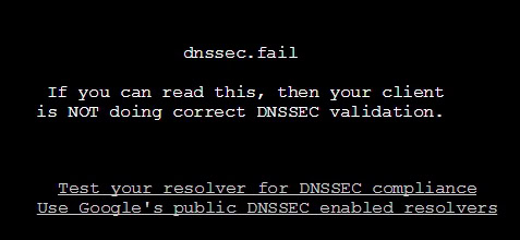 Her viser nettsiden dnssec.fail nettleverandøren du er tilkoblet ikke støtter DNSSEC. Her viser nettsiden dnssec.fail at en nettleverandør ikke støtter DNSSEC