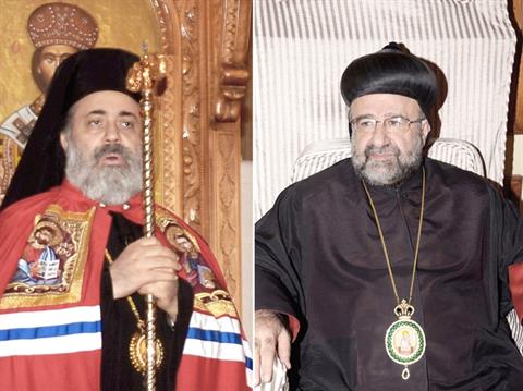In this undated combo picture released by the Syrian official news agency SANA, Bishop Boulos Yazigi of the Greek Orthodox Church, left, and John Ibrahim of the Assyrian Orthodox Church, right, who were kidnapped Monday, in the northern province of Aleppo, Syria. (AP Photo/SANA)