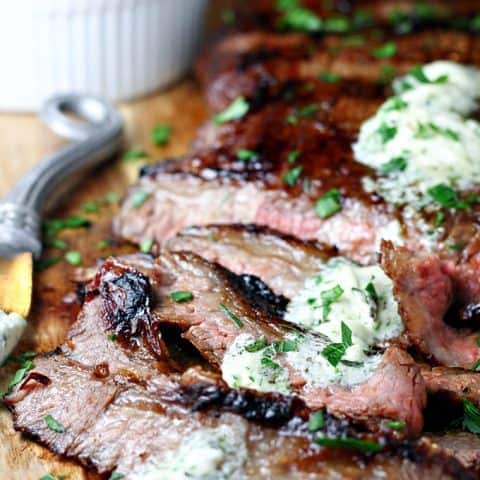 Marinated Grilled Flank Steak with Herb Gorgonzola Butter