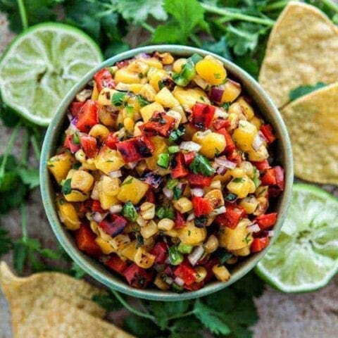 Mango Salsa with Grilled Corn and Blistered Red Peppers