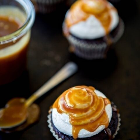 Dark Chocolate Cupcakes with Salted Caramel Buttercream and Caramel Glaze
