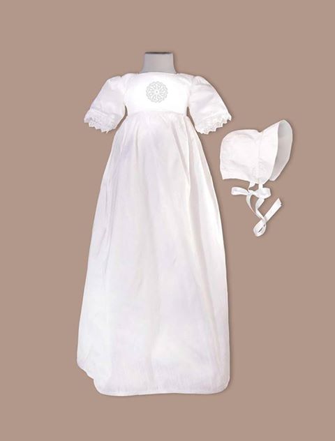 Irish christening gown with an embroidered Celtic emblem for County Cork
