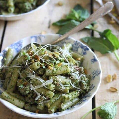 Gluten free brown rice penne with lamb and mint pesto