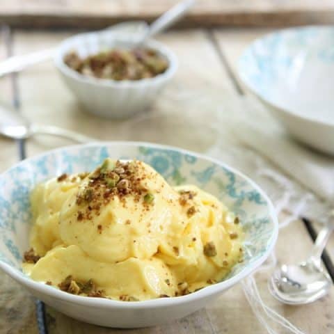 5 Minute Mango Frozen Yogurt with Pistachio Crumble