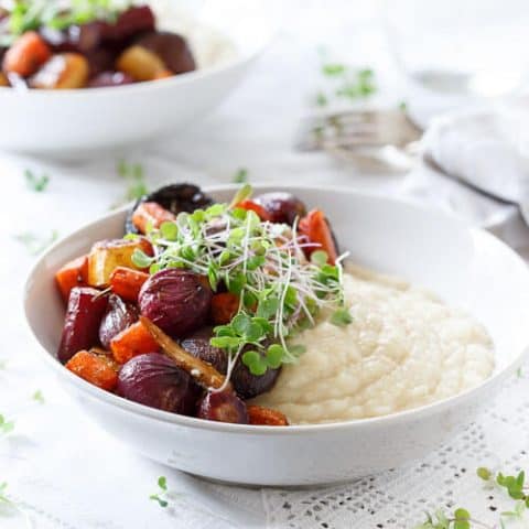 Celery Root Puree with Roasted Balsamic Vegetables