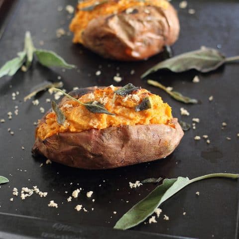 Twice Baked Sweet Potatoes with Cinnamon Cashew Cream