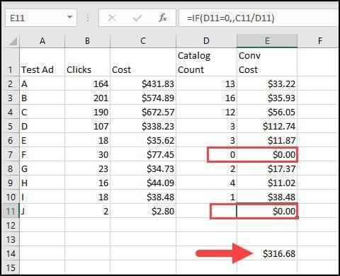 Spreadsheet after using IF formula