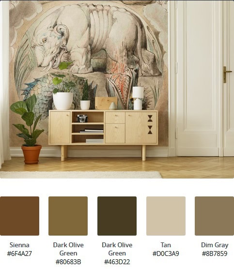 Cos'è lo stile d'arredo massimalista: credenza in legno chiaro con vasi bianchi e carta da parati a tema fantastico.