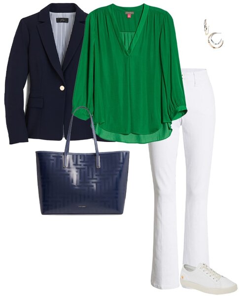 green and navy outfit