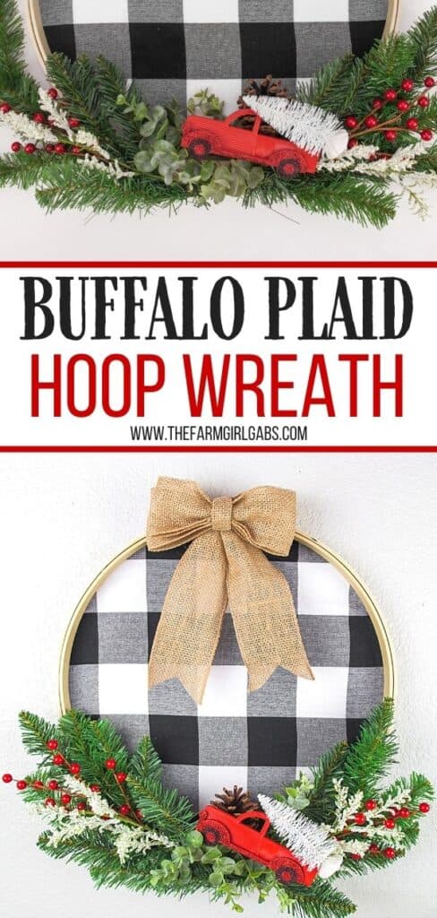 It's not a farmhouse Christmas without buffalo plaid and a vintage red truck. This Buffalo Plaid Christmas Hoop Wreath is an easy farmhouse Christmas craft. This DIY Christmas wreath is an easy Christmas craft. If you love farmhouse style design, this is a perfect Christmas project to make for your home.