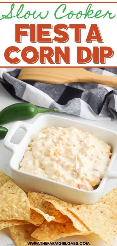 This Cheesy Slow Cooker Fiesta Corn Dip is a creamy, cheesy dip recipe that's perfect for any party. It's great for tailgating, too!