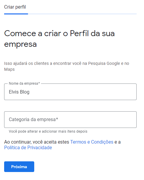 categoria da empresa google meu negocio
