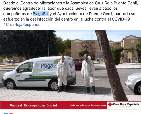 Agradecimiento de la Asamblea de Cruz Roja (Puente Genil) a PLAGASOL desinfecciones.