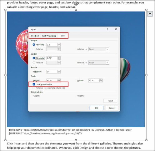 Layout panel with outlined tabs and Lock aspect ratio checkbox.
