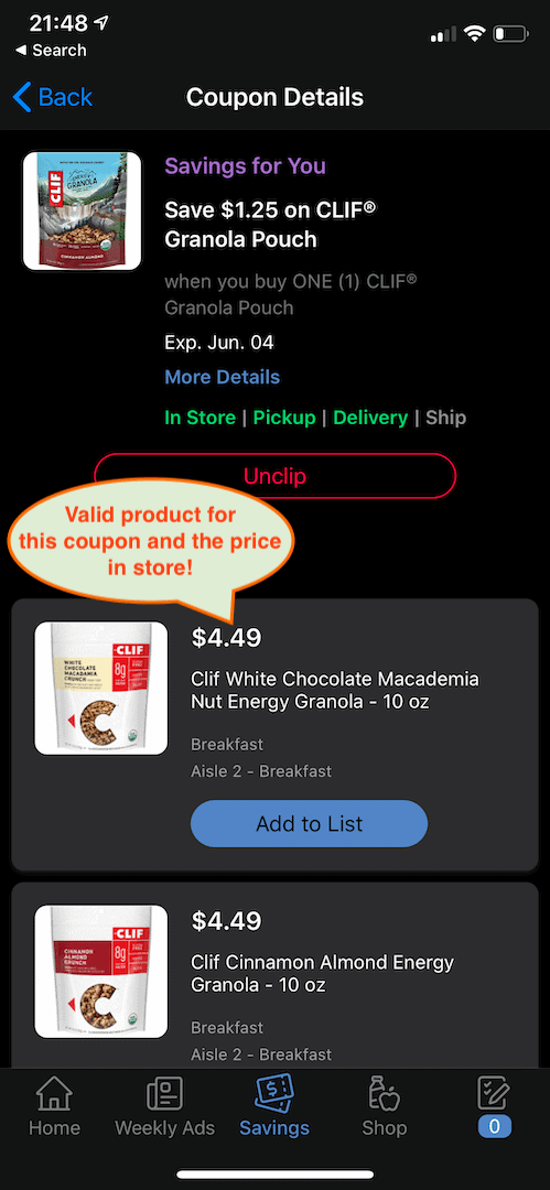 An in-app screenshot of Kroger's product details page, revealing the in-store product price and coupon compatibility. You can use this to price shop and help you save on your grocery expenses!