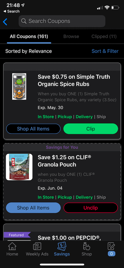 An example of Kroger's digital grocery app coupon screen, displaying products. We use it as a key way to save money on groceries.