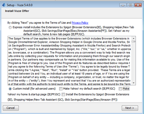 Klik op 'Custom Install' en vink dan alle toolbars en extensies uit.