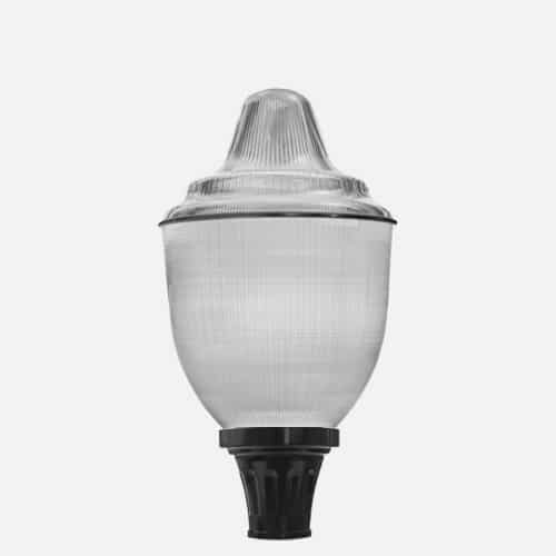 LED acrylic post top prismatic globe with polyester powder coat for street lamps and light poles. Model ANG from Brandon Industries.