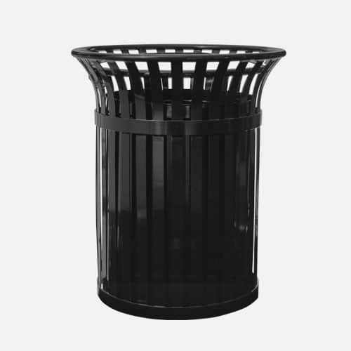 close up of decorative metal trash can