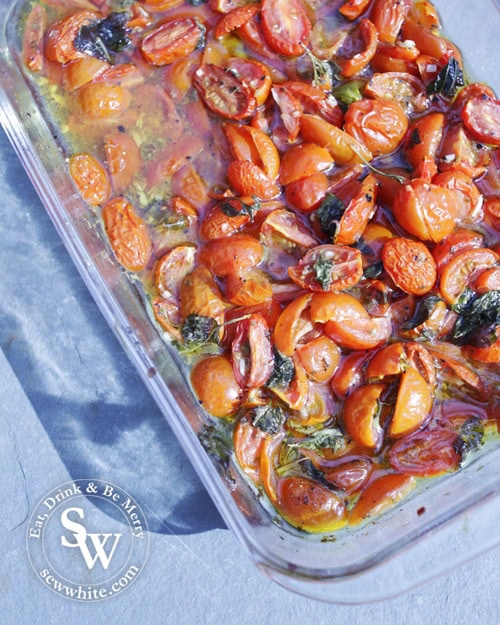 Oven roasted Tomatoes with Garlic Basil and Chilli ready to serve