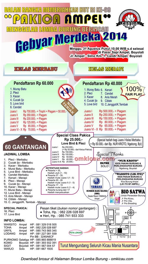 Brosur Lomba Burung Berkicau Gebyar Merdeka Pakica Ampel, Boyolali, 31 Agustus 2014