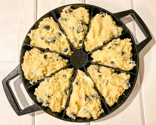 blueberry scone dough in scone pan