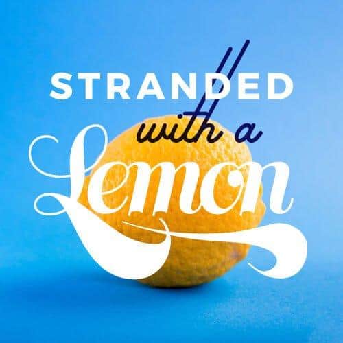 stranded with a lemon square image with lemon fruit on blue background