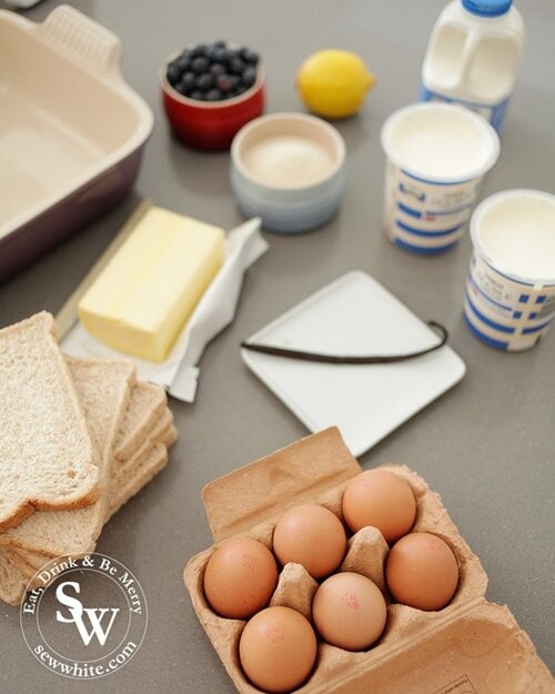 the ingredients ready to make the Blueberry and Lemon Bread and Butter Pudding
