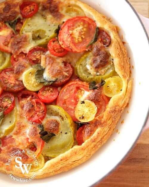 Close up of the roast tomatoes off different sizes and colours in the Puff Pastry Tomato Tart