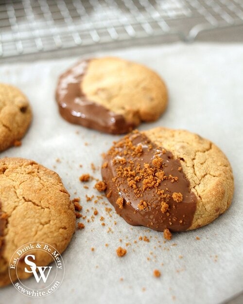 Molten chocolate setting on the Biscoff Chocolate Chip Cookies. Topped with biscoff crumbs